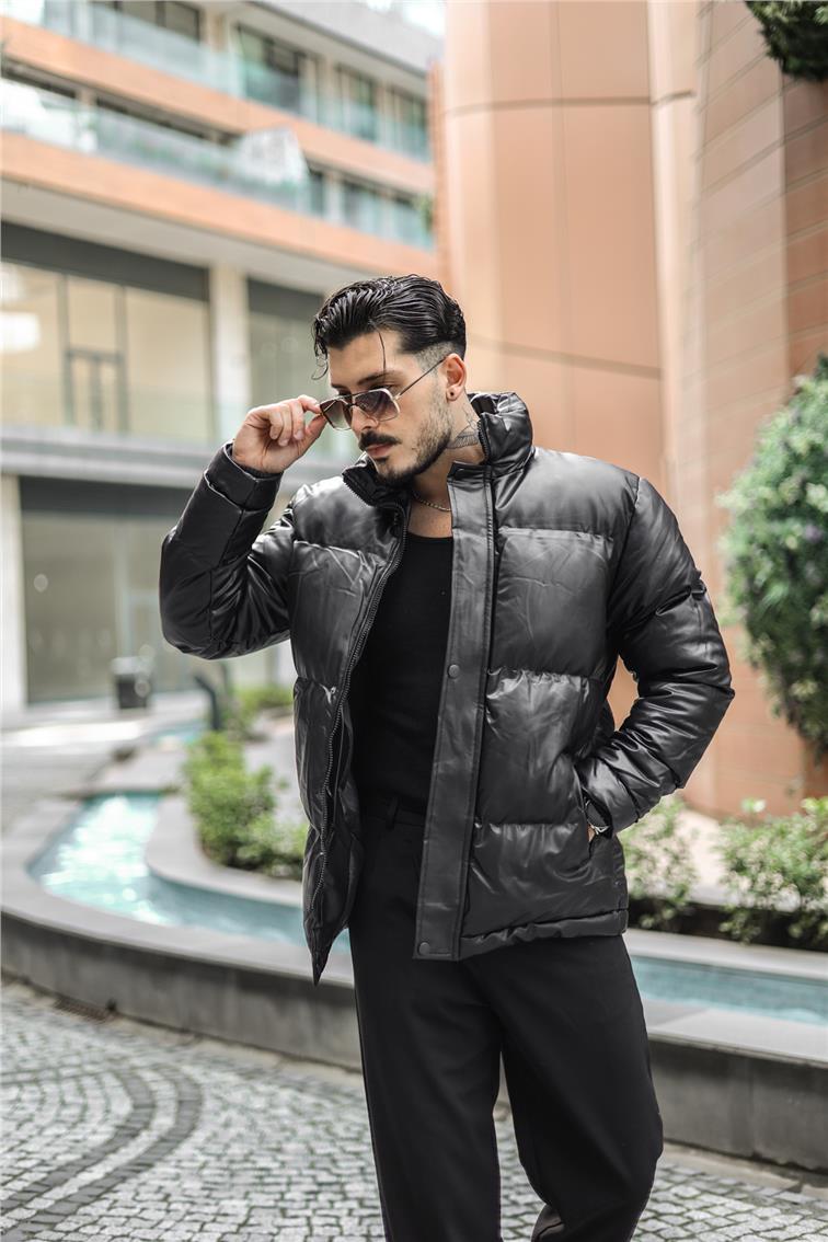 Deri Basic Şişme Mont Siyah