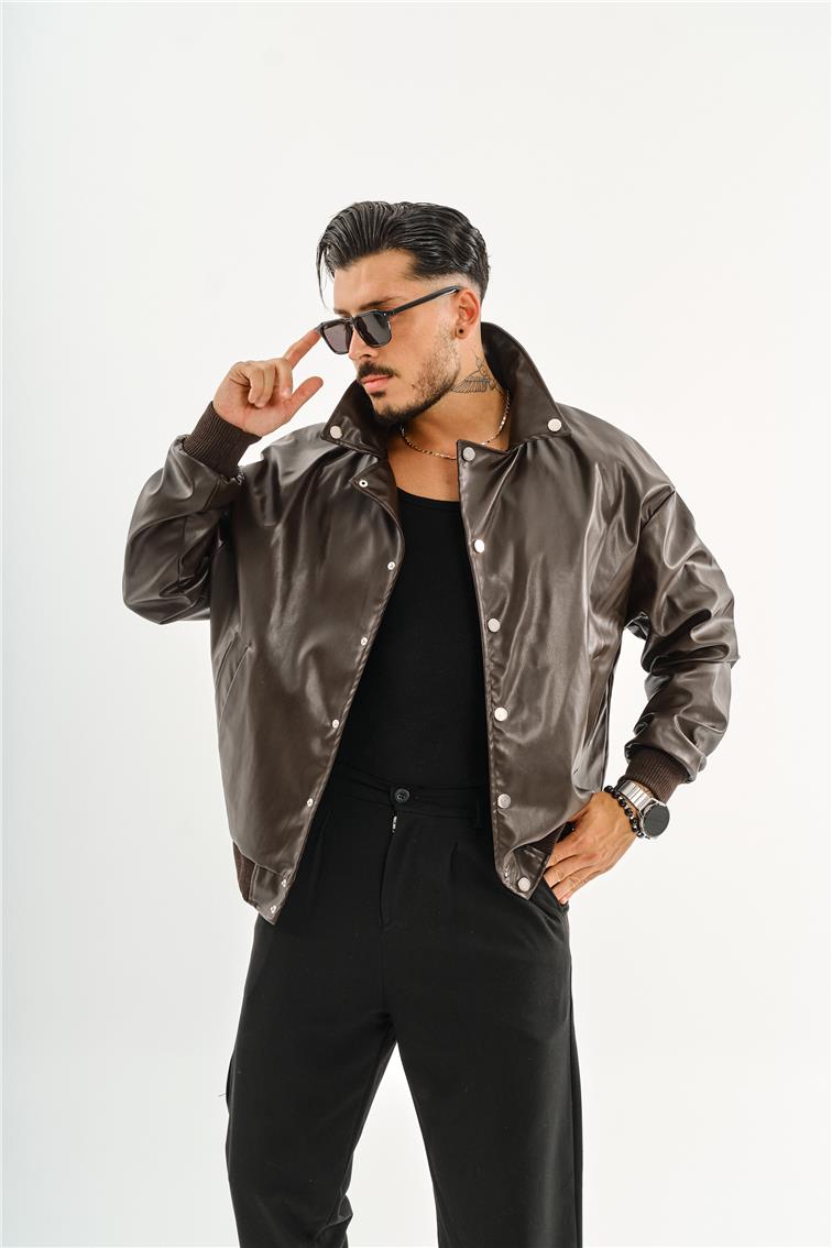 Deri Basic Yaka Oversize Ceket Acı Kahve