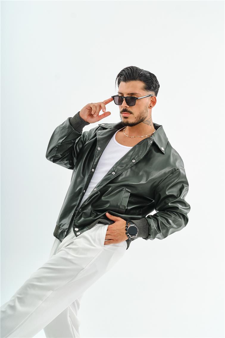 Deri Basic Yaka Oversize Ceket Haki