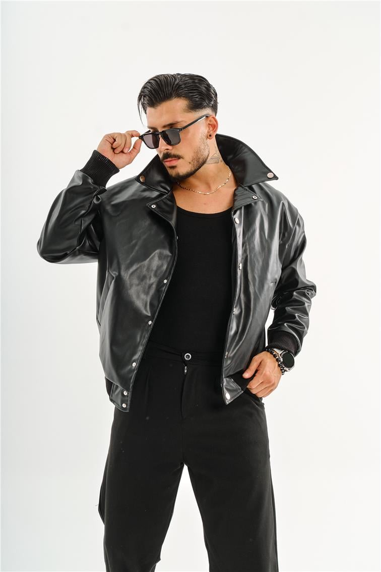Deri Basic Yaka Oversize Ceket Siyah
