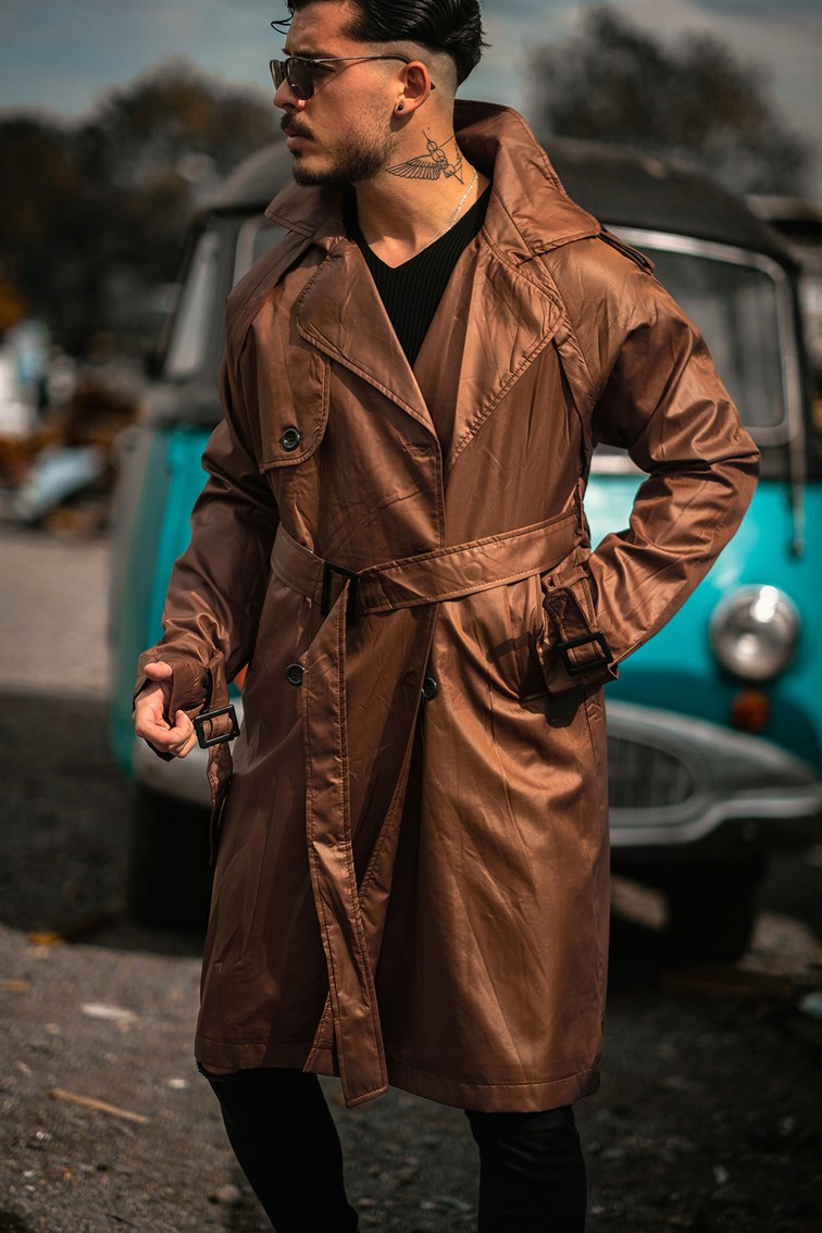 Deri Görünümlü Oversize Trenckot