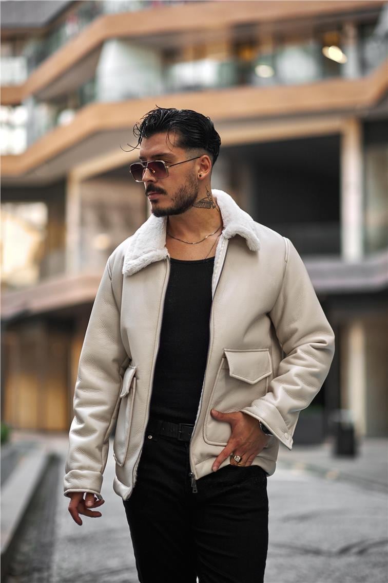Deri Kürklü Oversize Mont Ekru