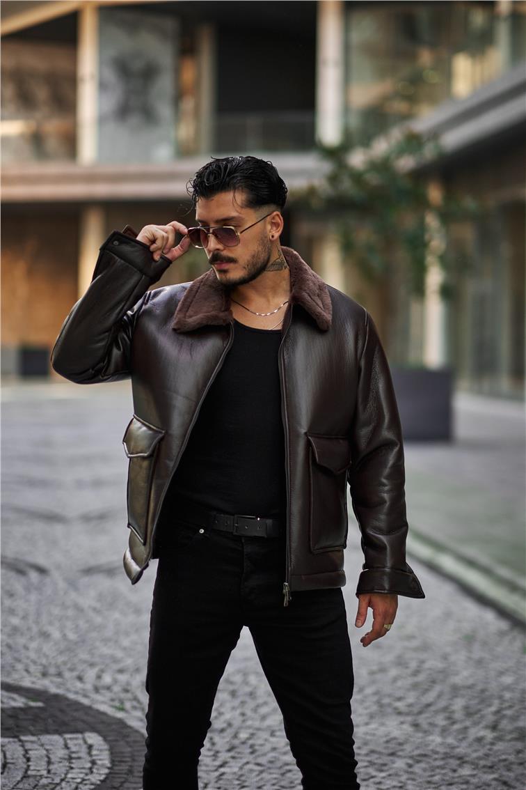 Deri Kürklü Oversize Mont Kahve