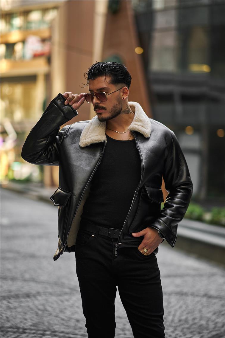 Deri Kürklü Oversize Mont Siyah