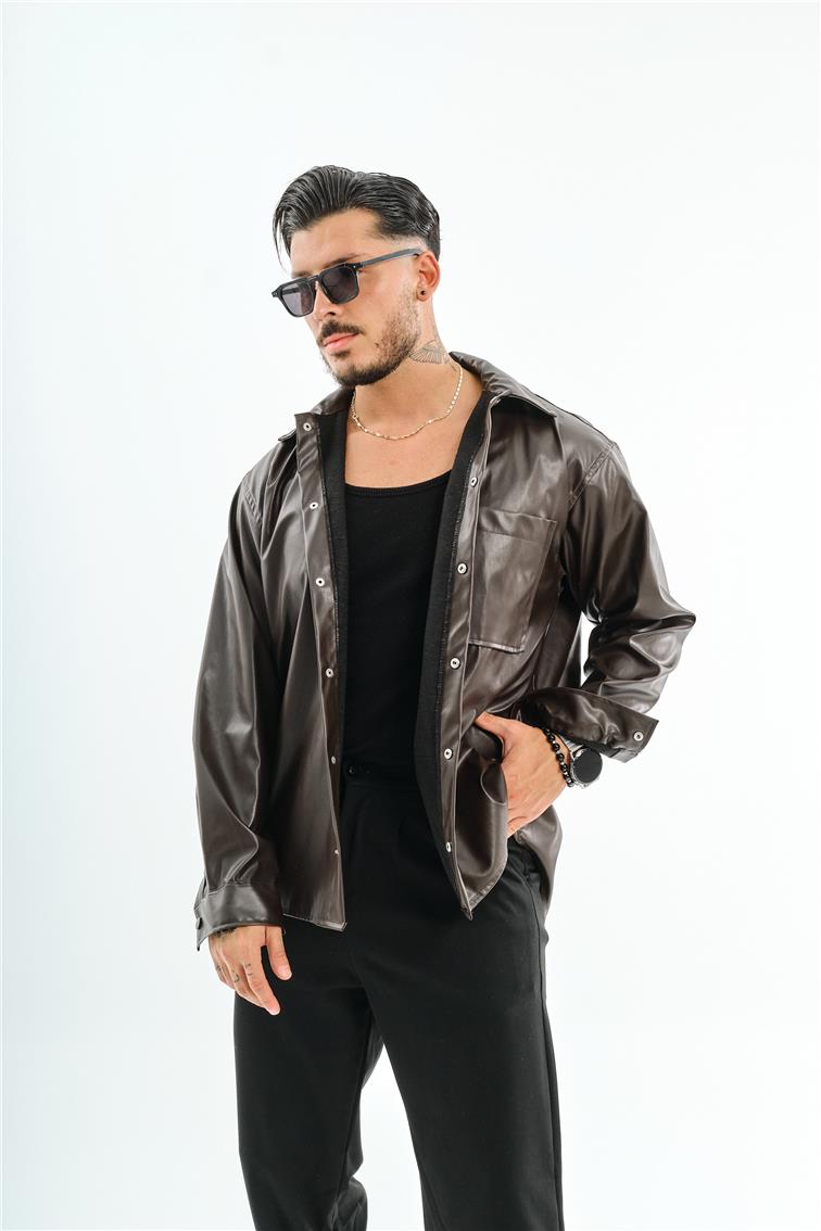 Deri Oversize Gömlek Acı Kahve