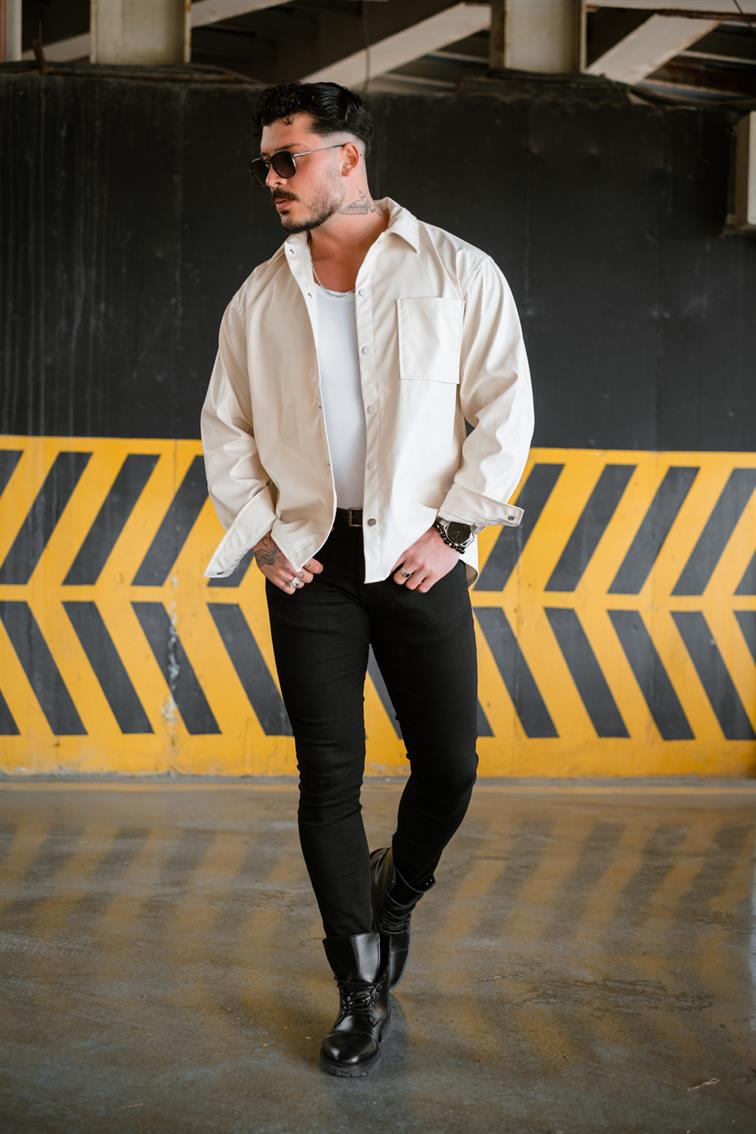 Deri Oversize Gömlek Açık Krem