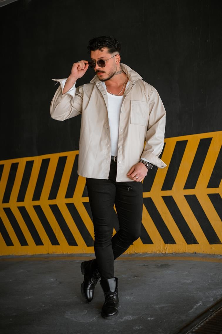 Deri Oversize Gömlek Bej