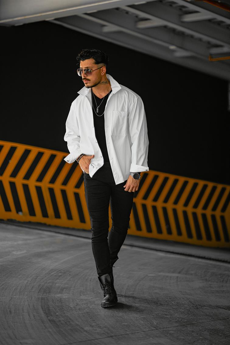 Deri Oversize Gömlek Beyaz