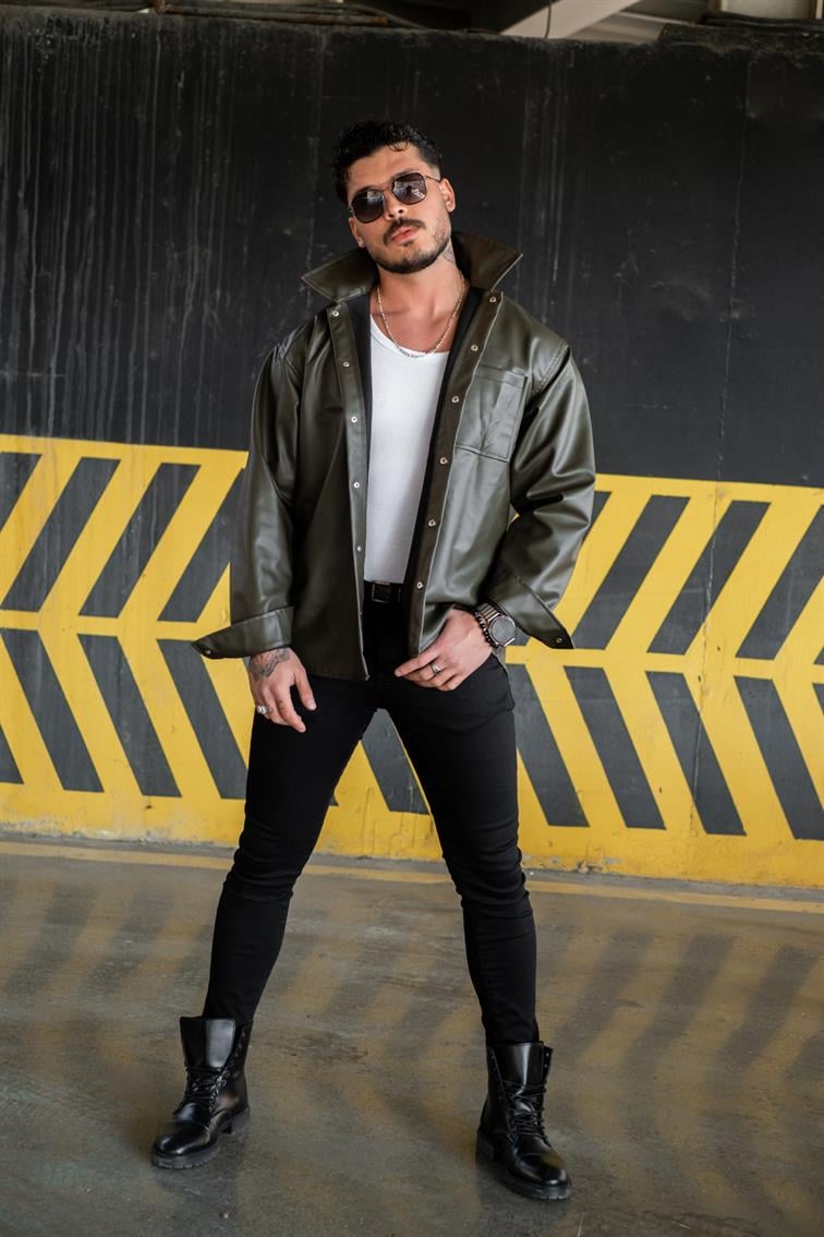 Deri Oversize Gömlek Haki