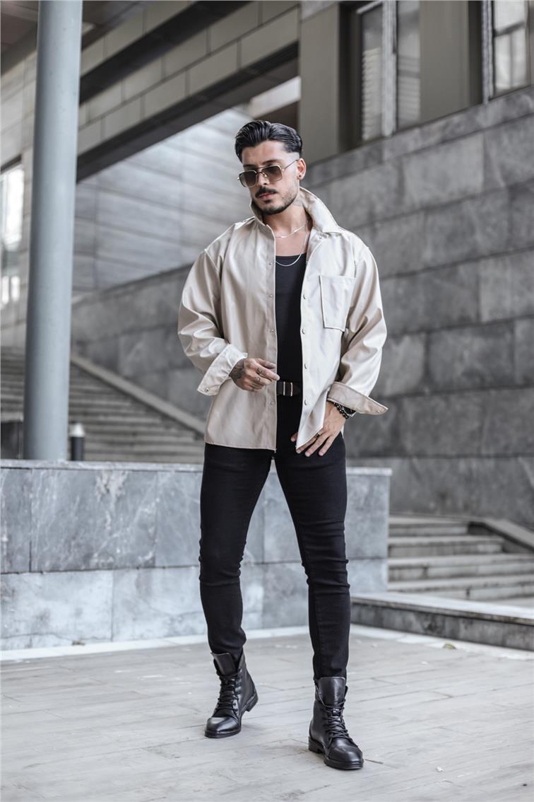 Deri Oversize Gömlek Krem