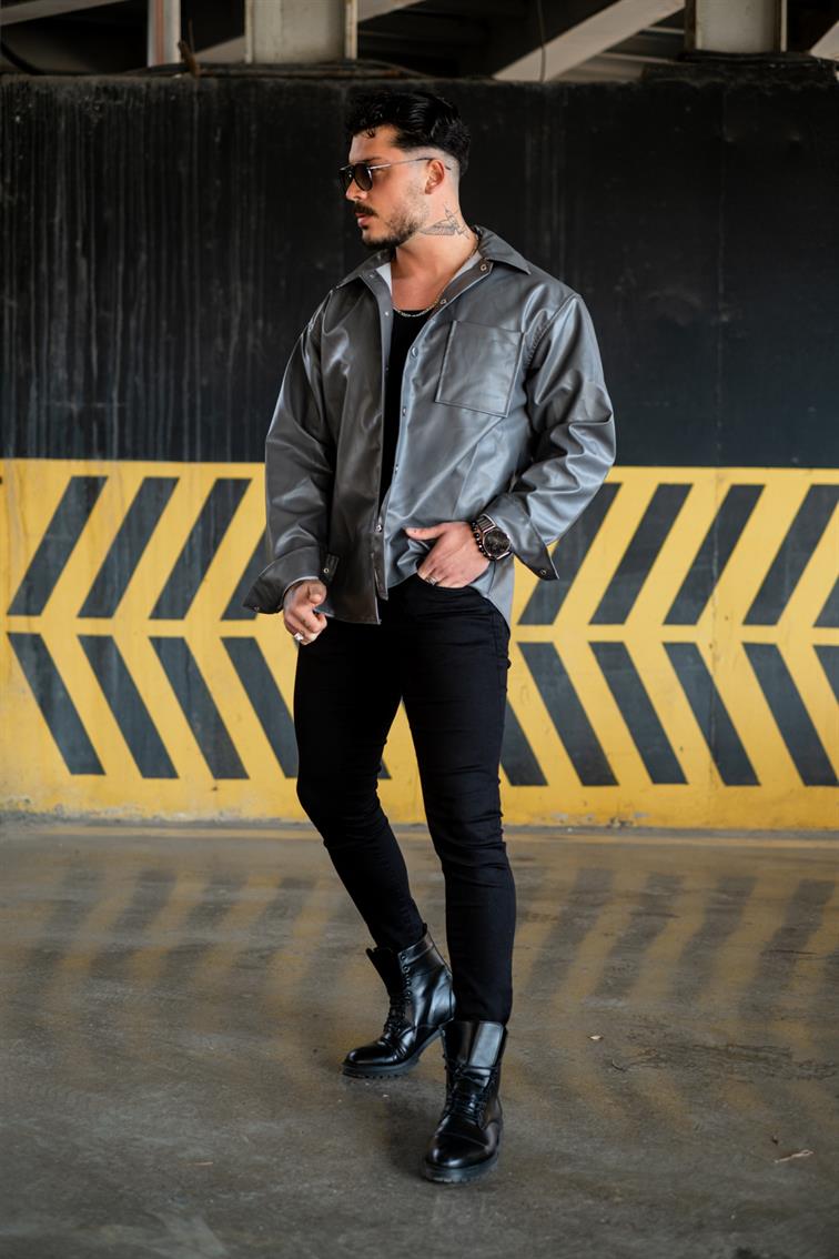 Deri Oversize Gömlek Kurşun