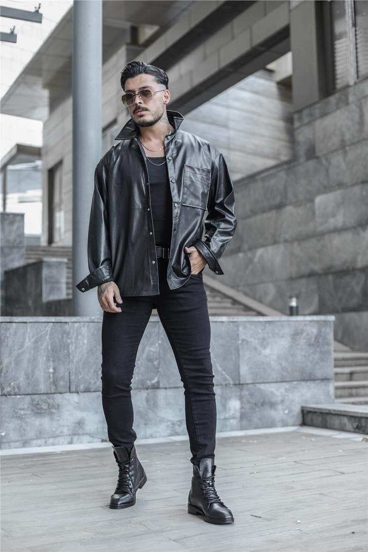 Deri Oversize Gömlek Siyah