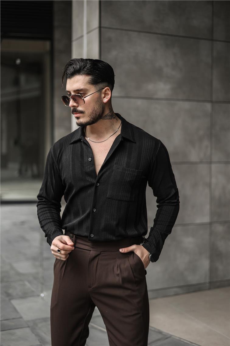 Desen İşlemeli Şeritli Oversize Gömlek Siyah