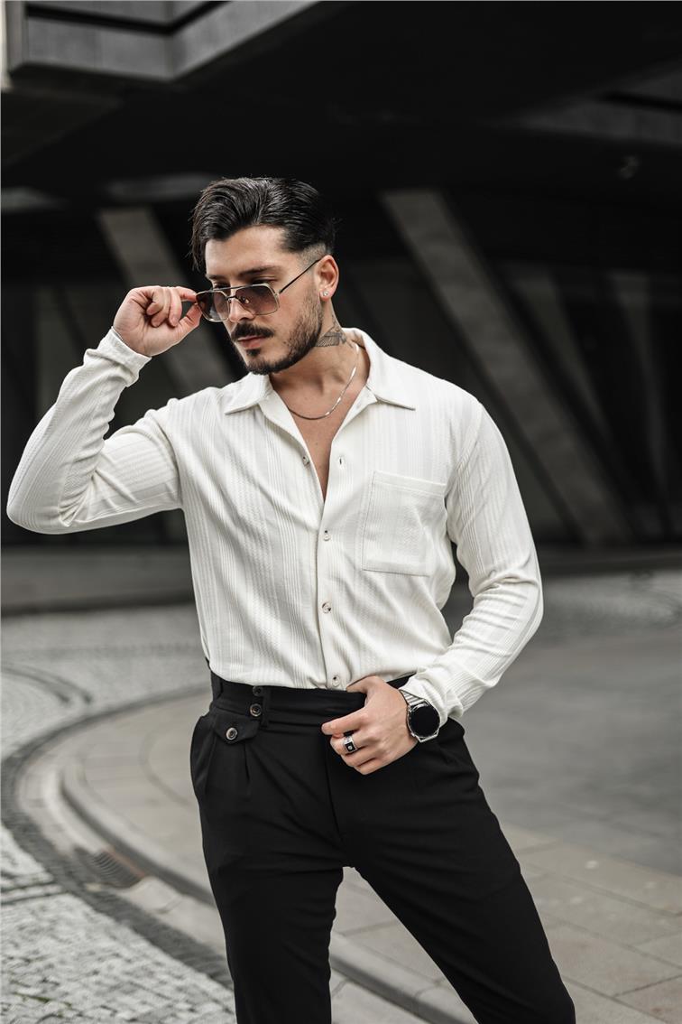 Desen İşlemeli Şeritli Oversize Gömlek Beyaz