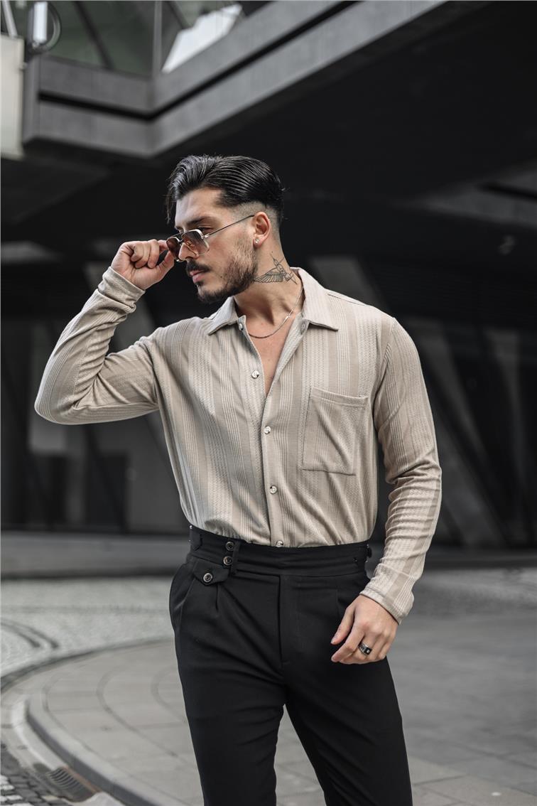 Desen İşlemeli Şeritli Oversize Gömlek Bej