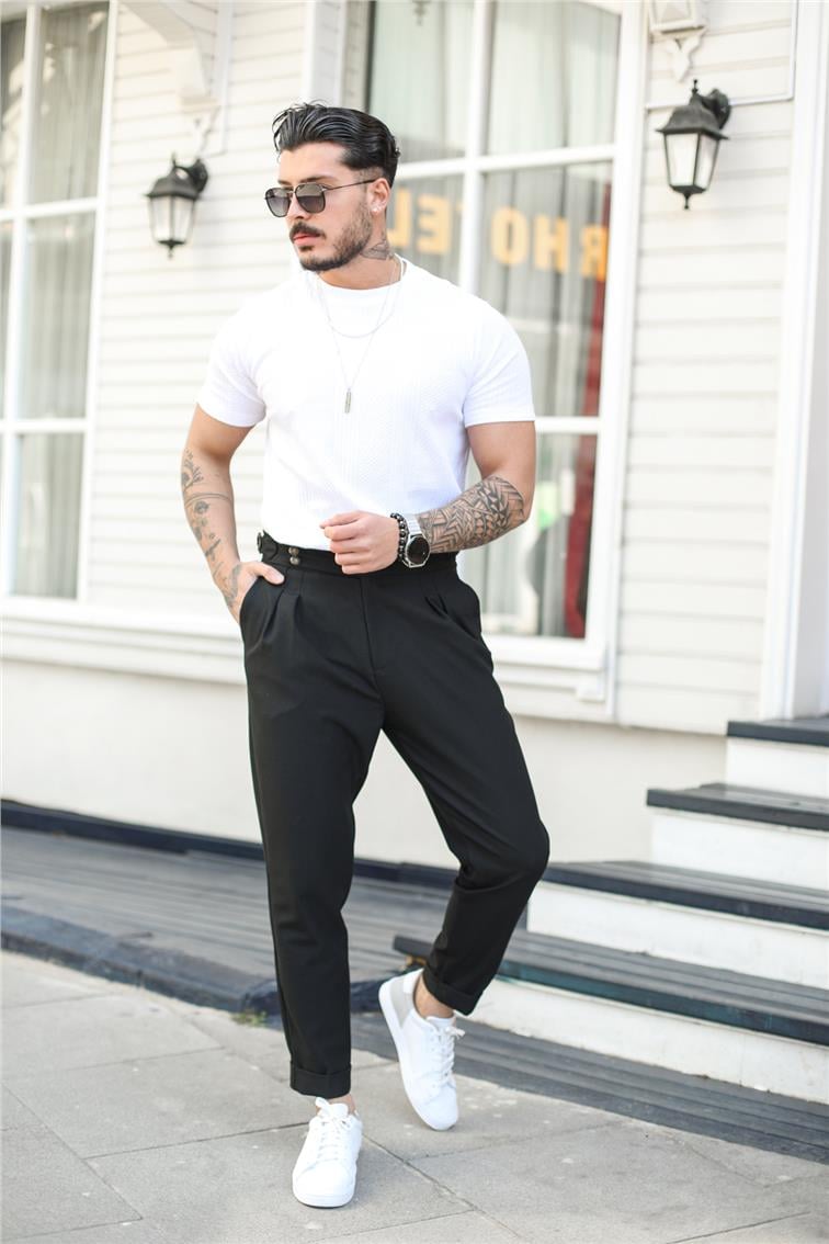 Desen İşlemeli Slim Fit T-Shirt Beyaz