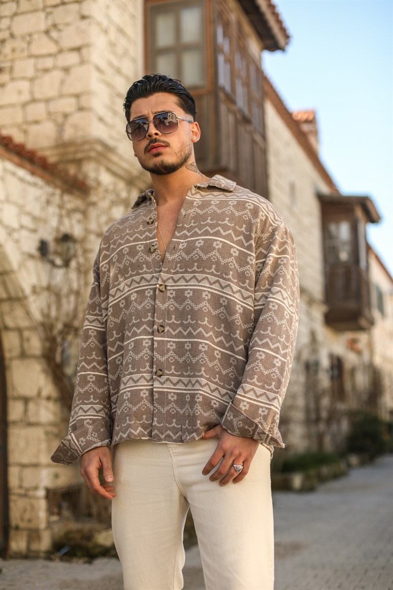Desenli Keten  Oversize Gömlek