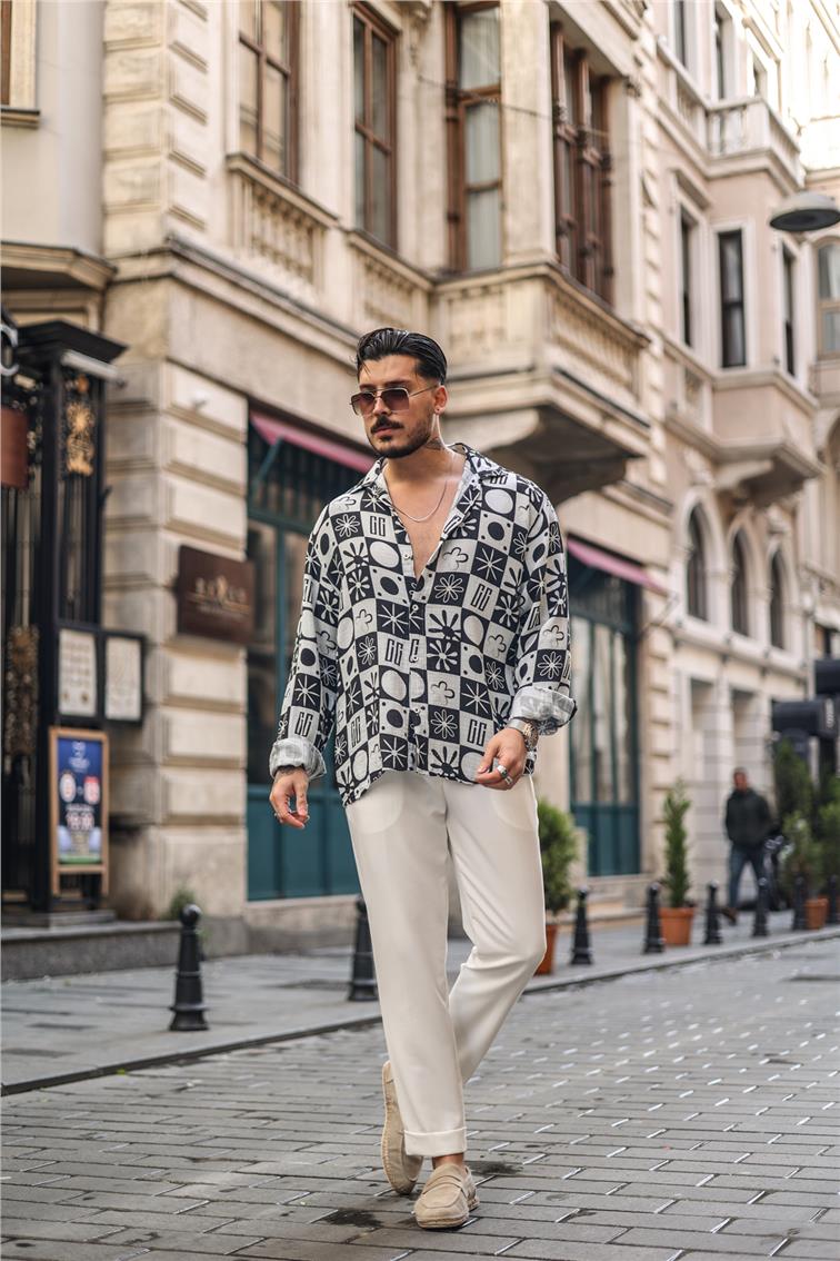Desenli Müslin Oversize Gömlek Siyah
