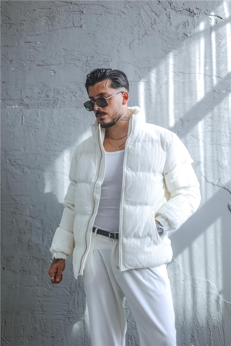 Desenli Oversize Şişme Mont Beyaz