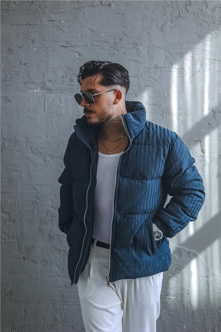 Desenli Oversize Şişme Mont İndigo