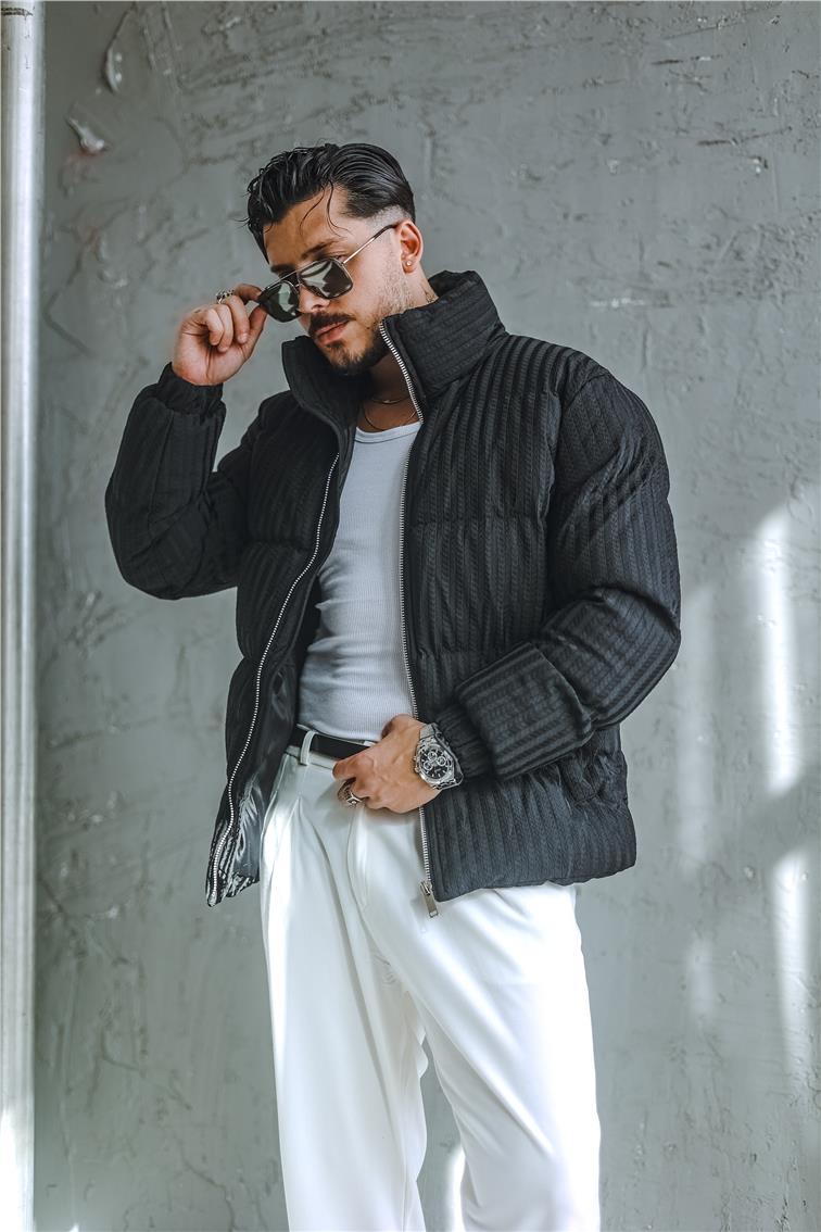Desenli Oversize Şişme Mont Siyah