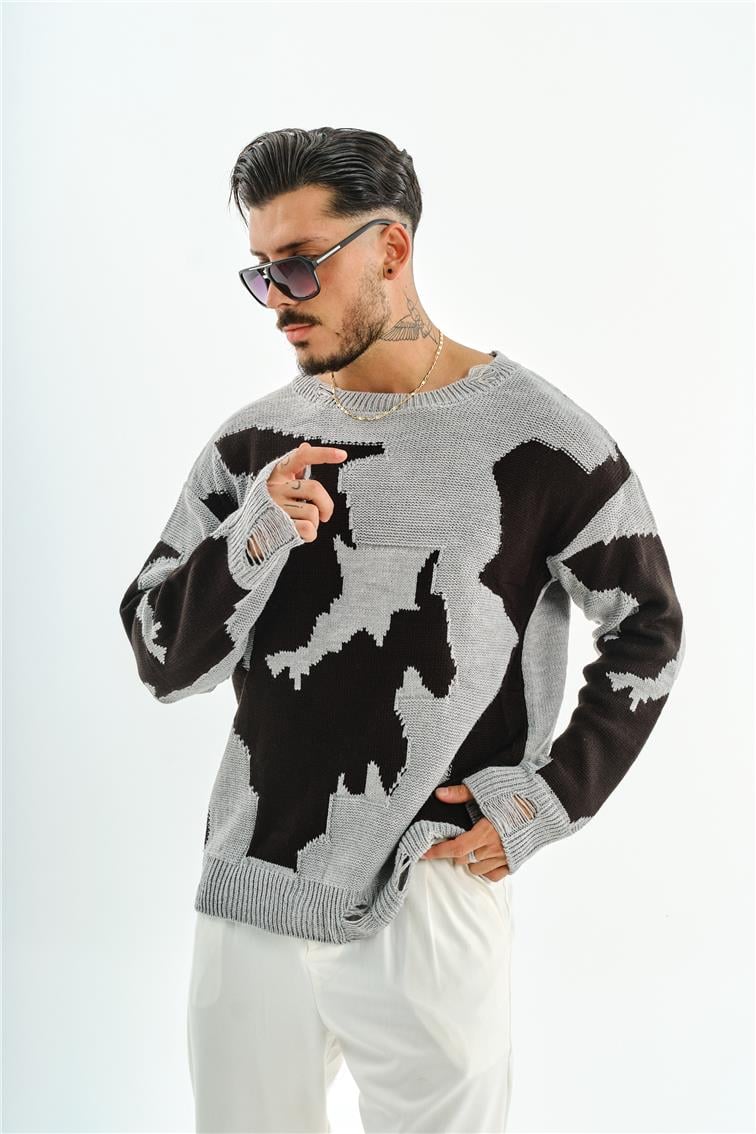 Desenli Pamuklu Oversize Kazak Gri