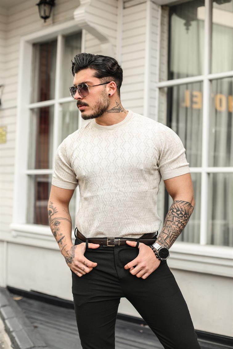 Desenli Triko Slim Fit T-Shirt Bej