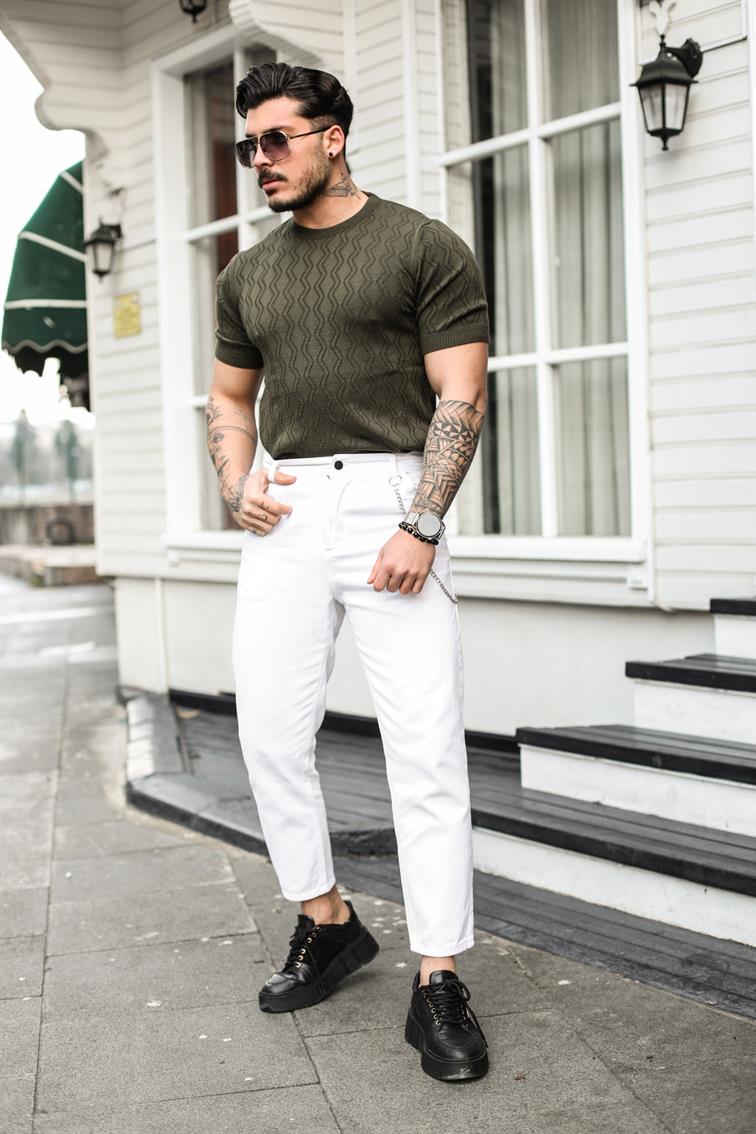Desenli Triko Slim Fit T-Shirt Haki