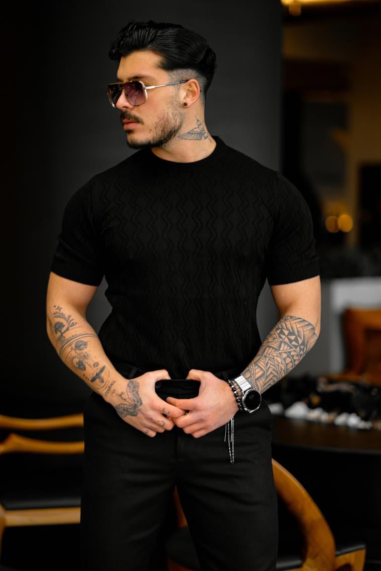 Desenli Triko Slim Fit T-Shirt Siyah