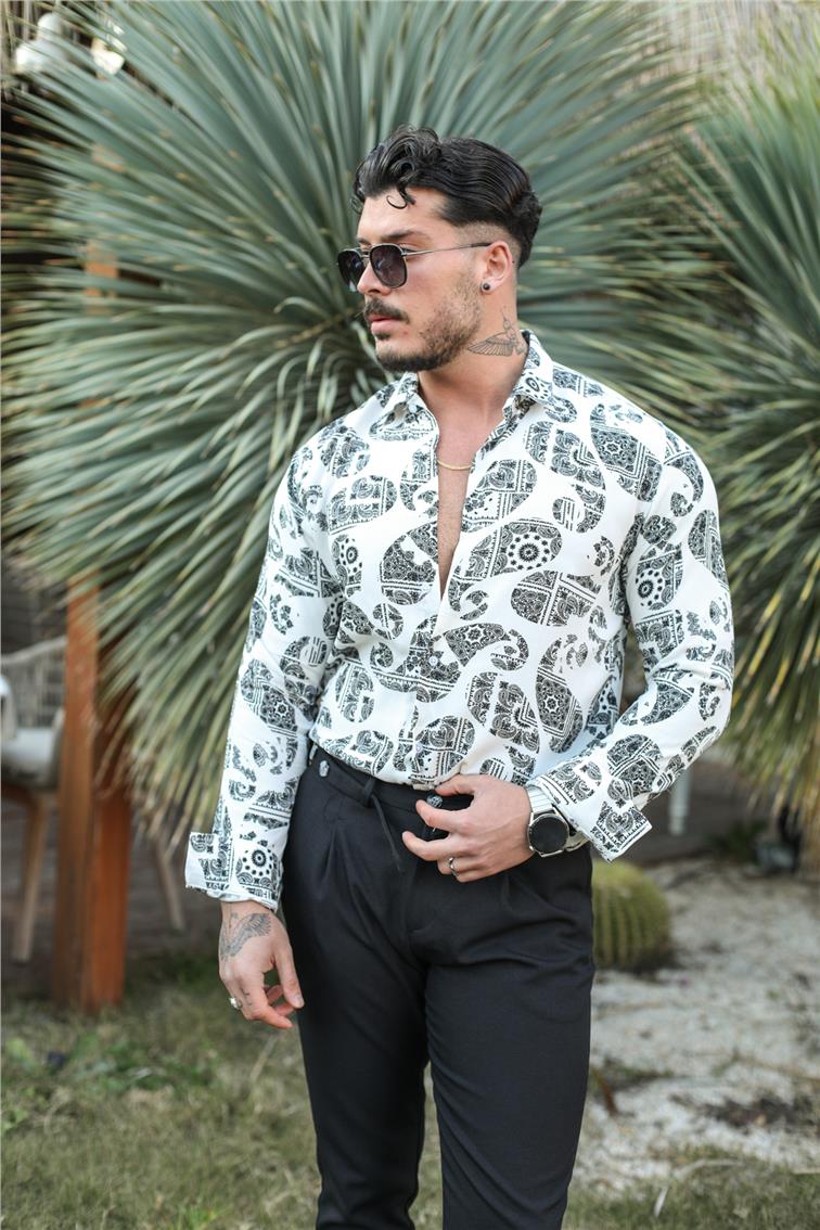 Desenli Uzun Kol Slim Fit Gömlek Beyaz