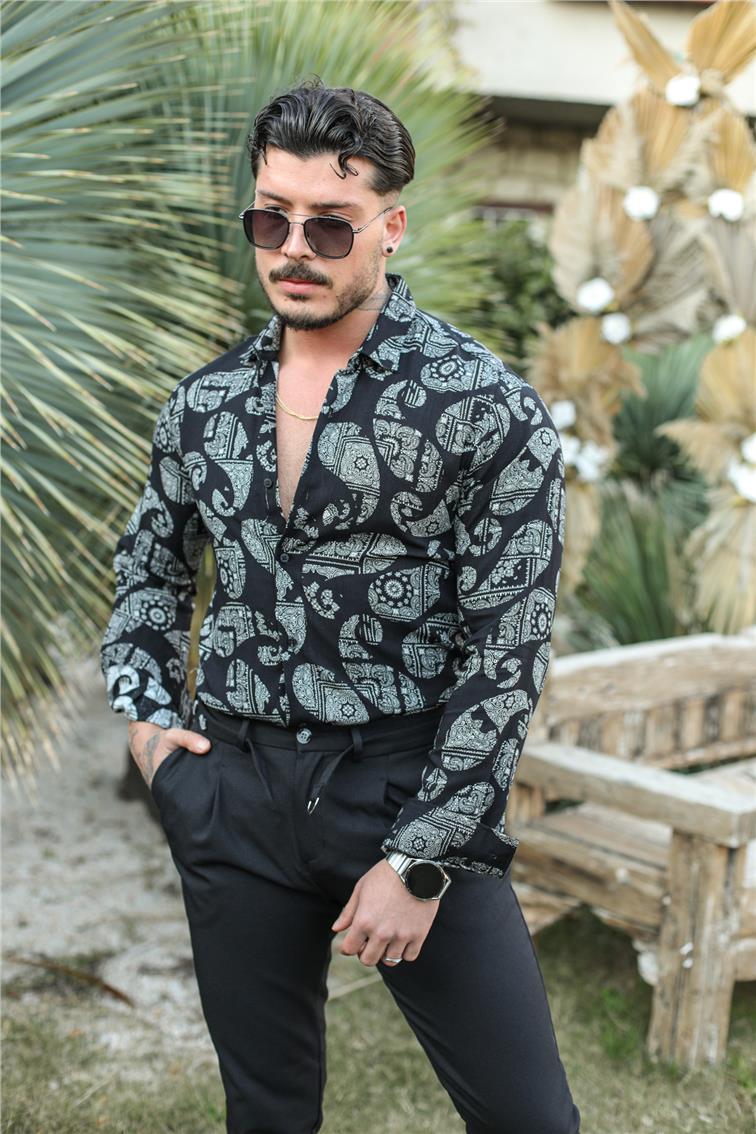 Desenli Uzun Kol Slim Fit Gömlek Siyah