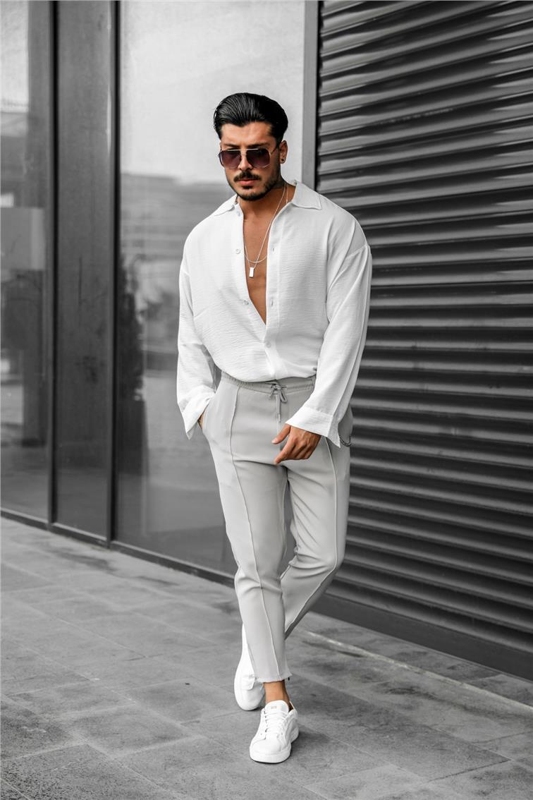 Dik Çizgili Bel Bağlamalı Mom Pantolon Gri