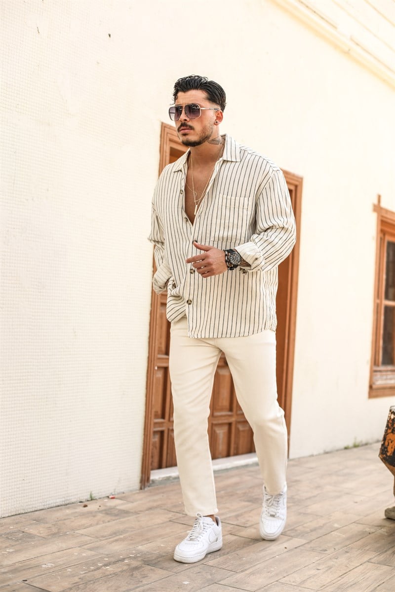 Dik Çizgili Cepli Keten Oversize Gömlek