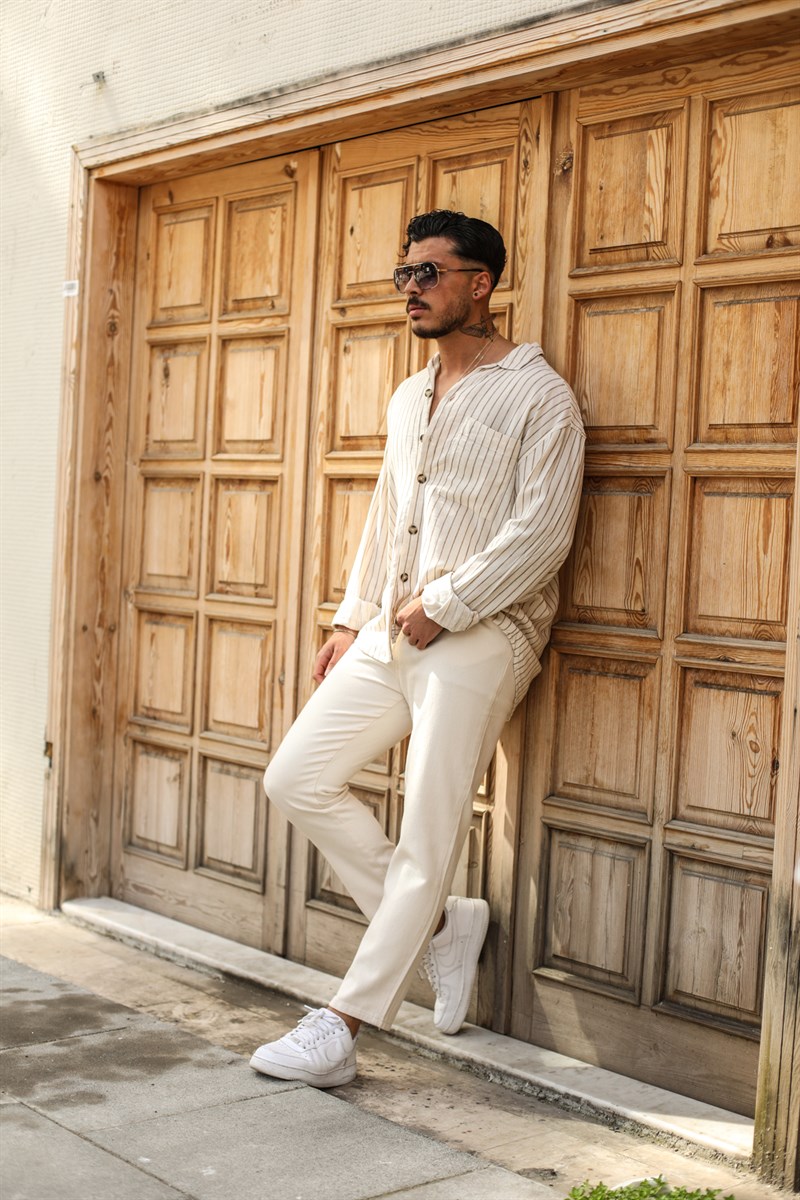 Dik Çizgili Cepli Keten Oversize Gömlek