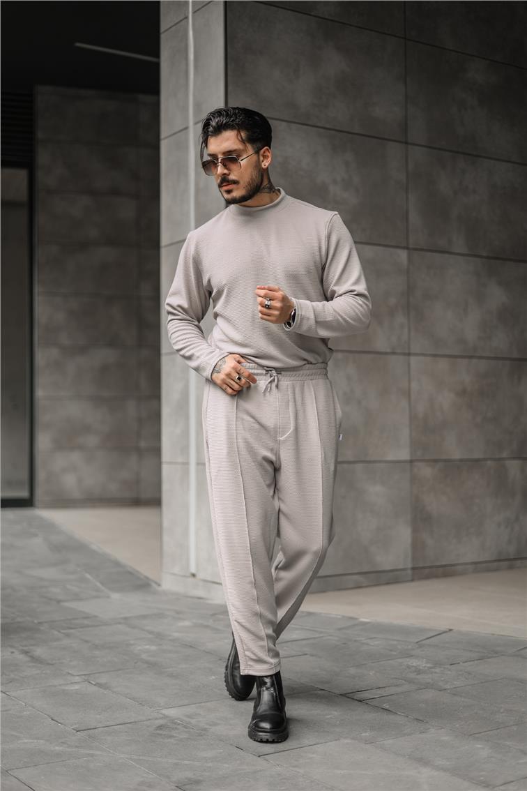 Dik Çizgili Kabartmalı Pantolon Gri