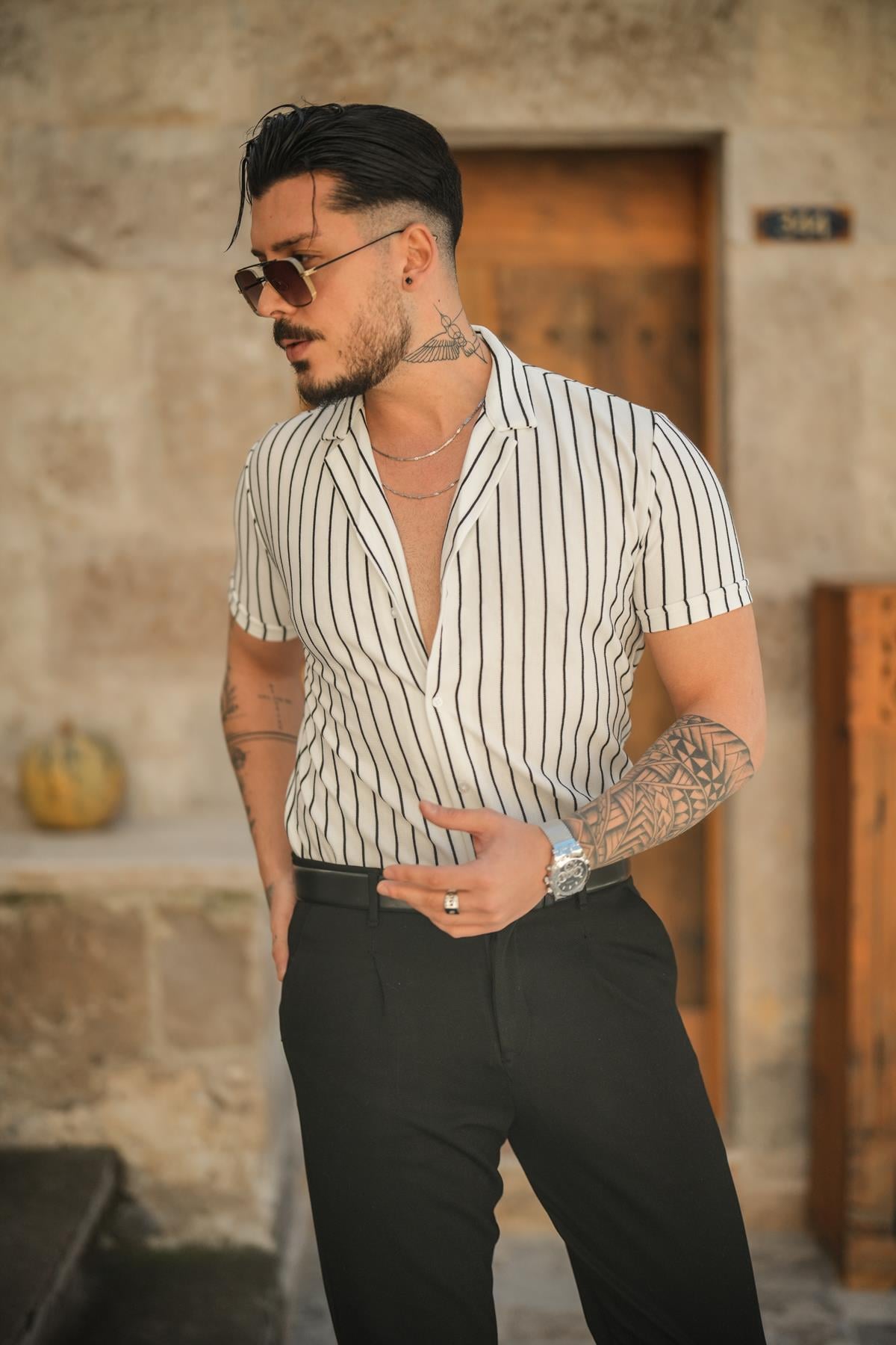 Dik Çizgili Slim Fit Gömlek Beyaz
