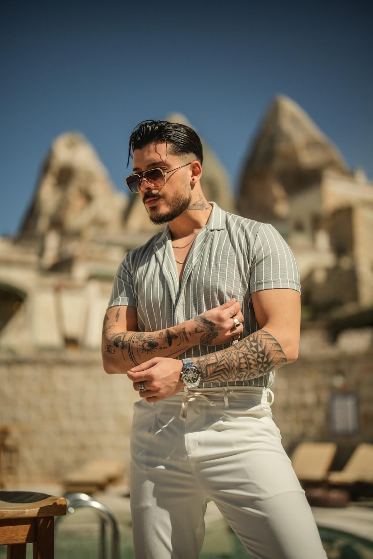 Dik Çizgili Slim Fit Gömlek Gri