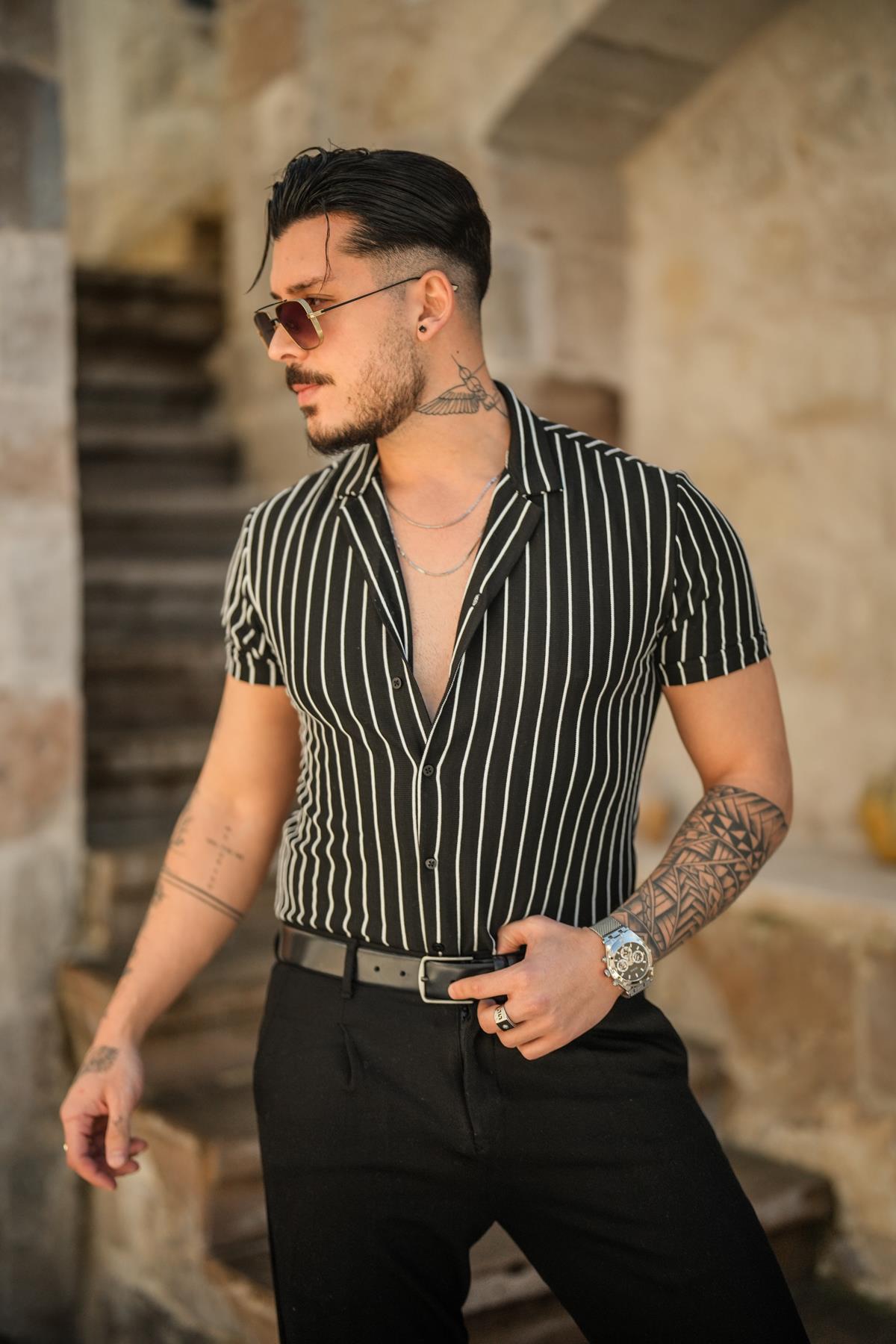 Dik Çizgili Slim Fit Gömlek Siyah