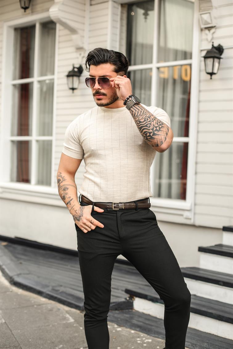 Dik Çizgili Slim Fit T-Shirt Bej