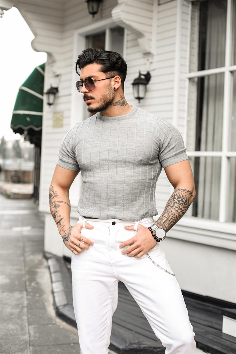 Dik Çizgili Slim Fit T-Shirt Gri