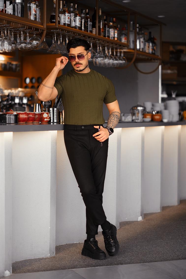 Dik Çizgili Slim Fit T-Shirt Haki