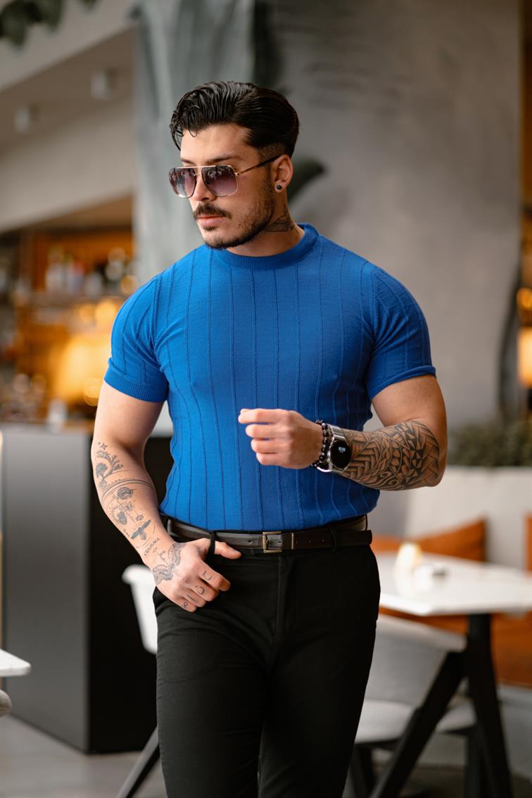 Dik Çizgili Slim Fit T-Shirt Koyu Mavi