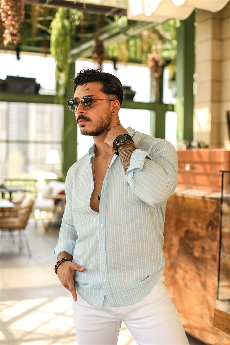 Dik Çizgili Yaka Düğmeli Slim Fit Kabartmalı Gömlek
