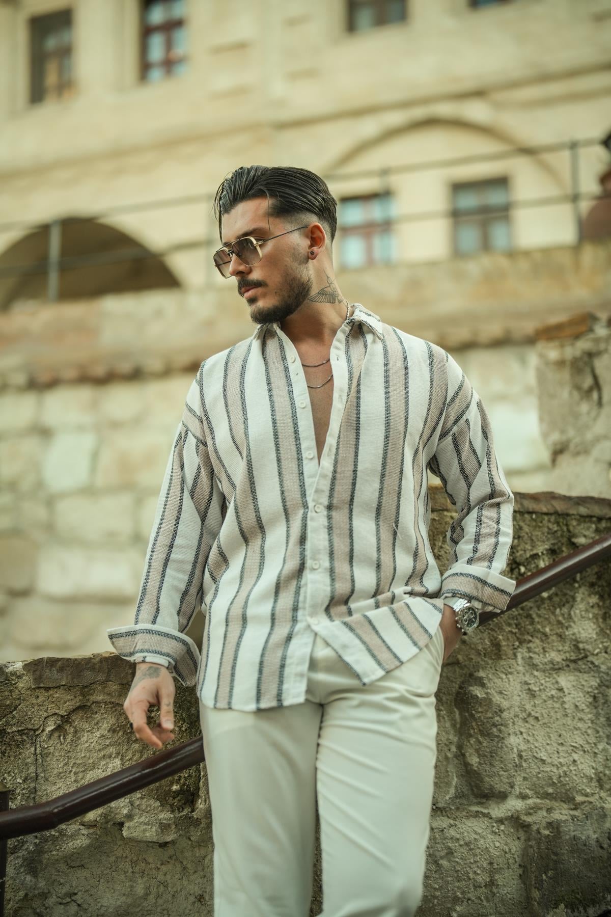 Dik Şeritli Çift Renk Örme Oversize Gömlek Siyah