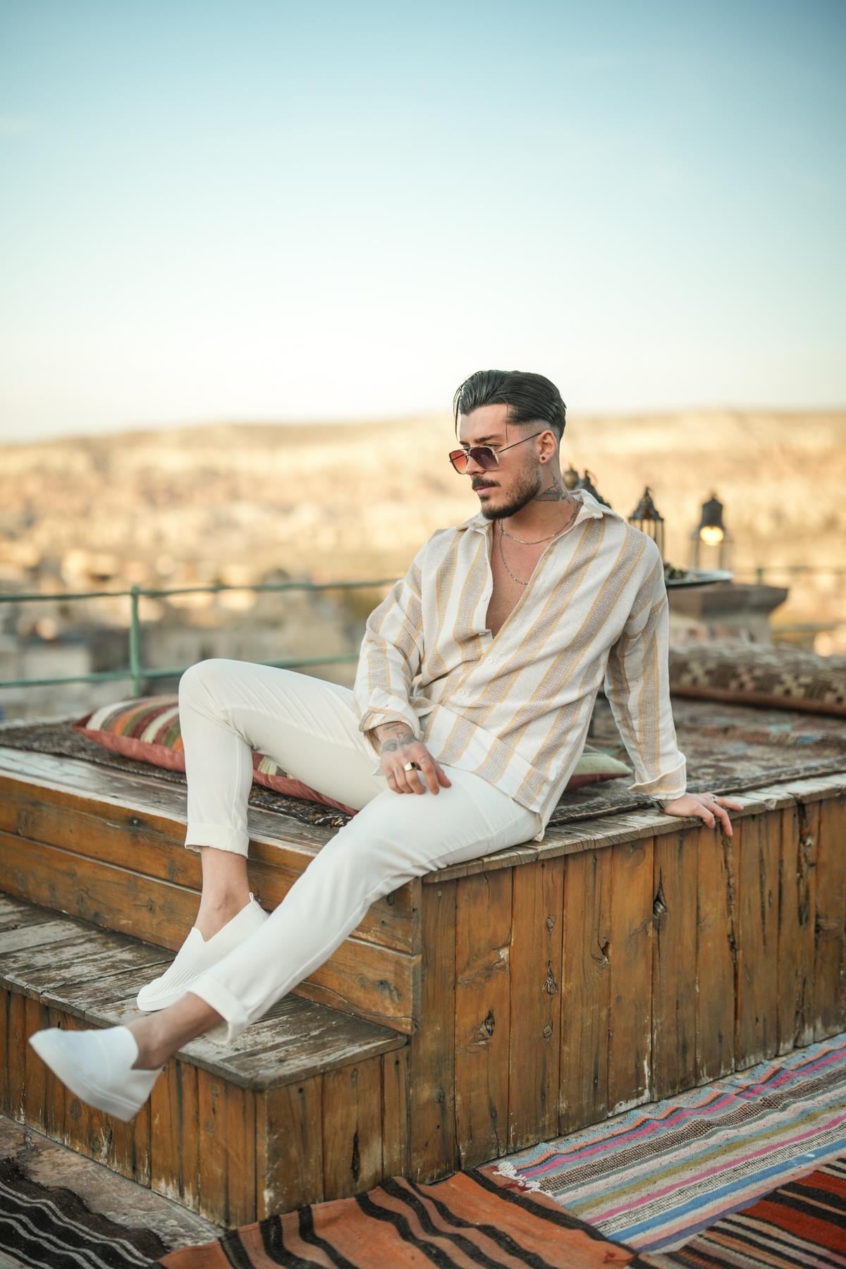 Dik Şeritli Çift Renk Örme Oversize Gömlek Sarı