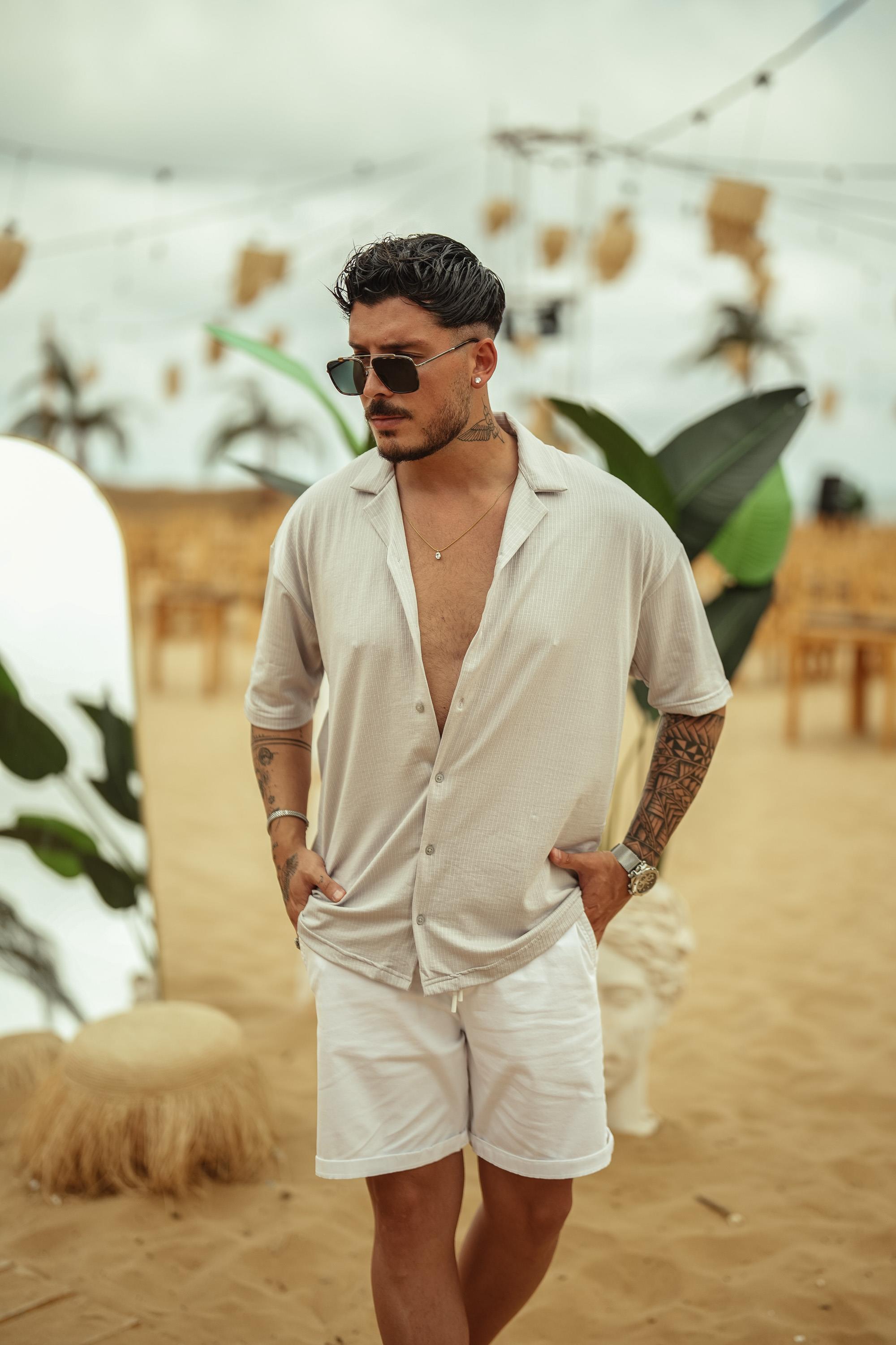 Dik Şeritli Oversize Kısa Kol Gömlek Gri