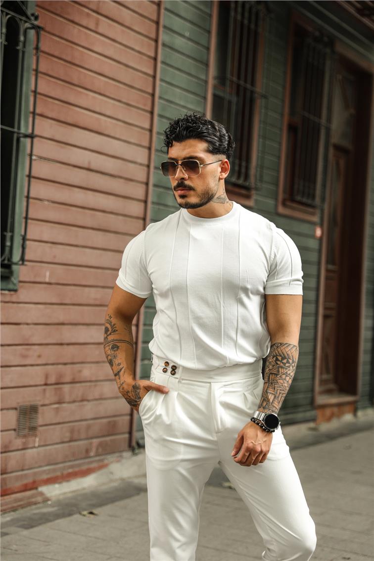 Dik Şeritli Slim Fit T-Shirt Beyaz