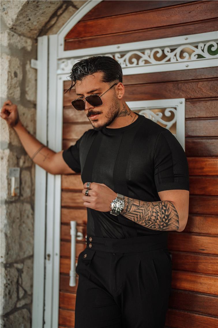 Dik Şeritli Slim Fit Triko T-Shirt Siyah