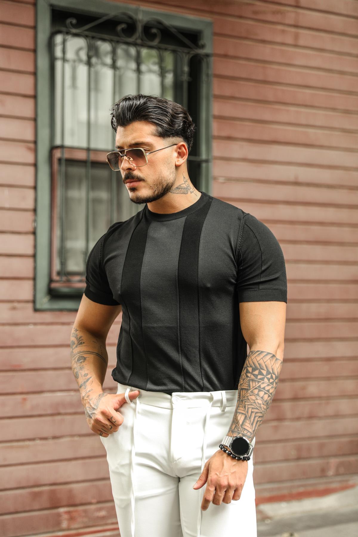 Dik Şeritli Slim Fit Triko T-Shirt Siyah