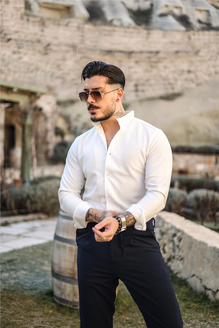 Dik Yaka Oversize Fitilli Gömlek Beyaz